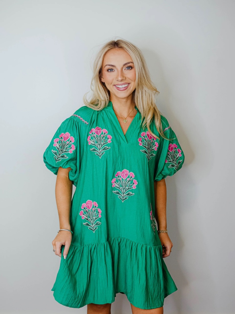 Umgee Green Floral Embroidered Ruffle Neck Dress Mini Dress Small